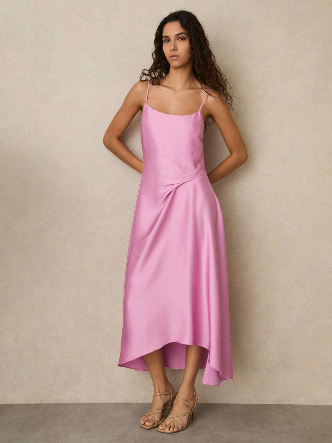 Women Satin Drape-Detail Slip Dress in Pink