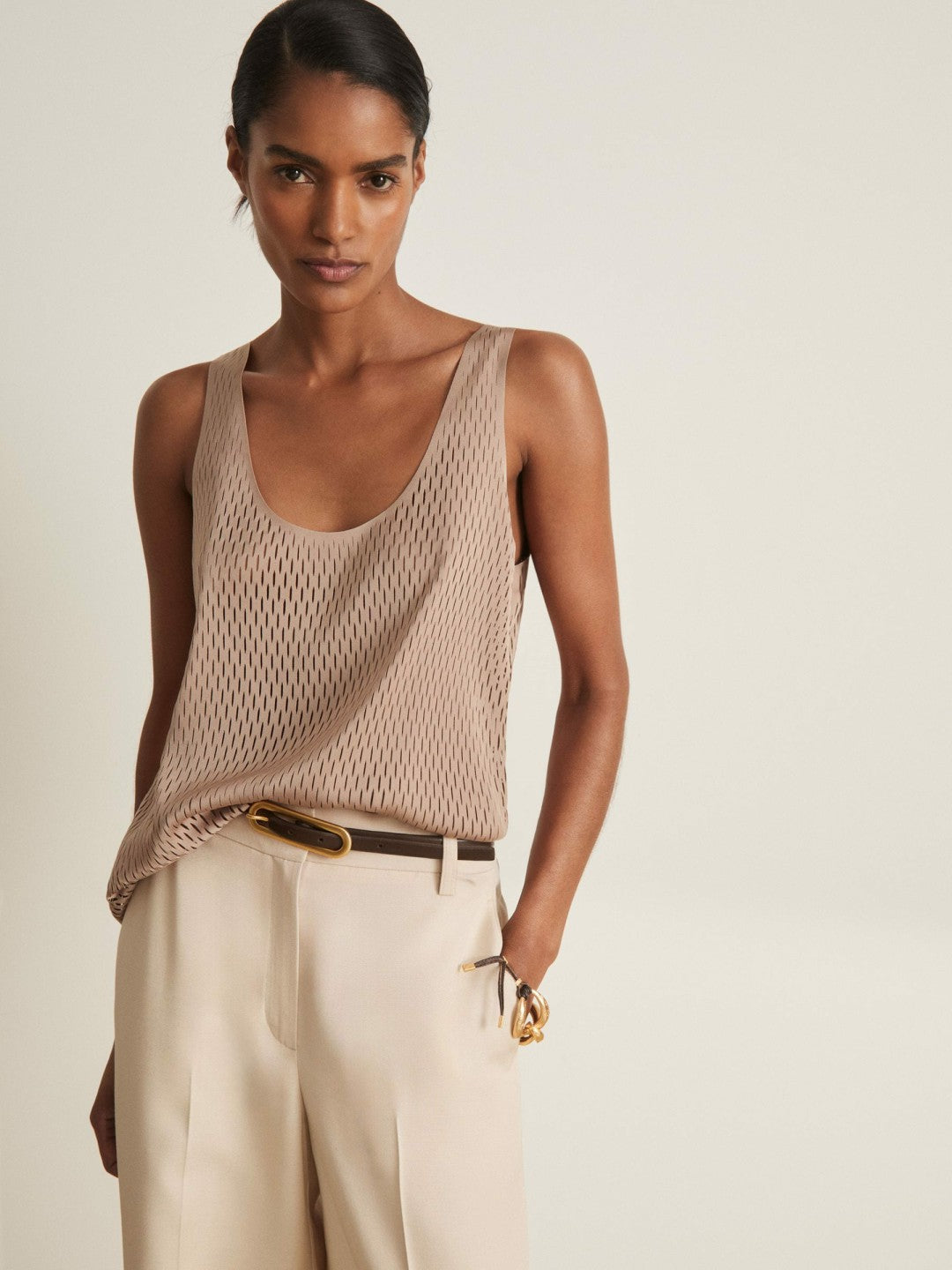 Women Atelier Laser-Cut Vest Top in Taupe