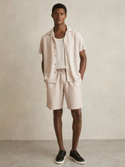 Men Textured-Knit Cuban-Collar Shirt in Champagne