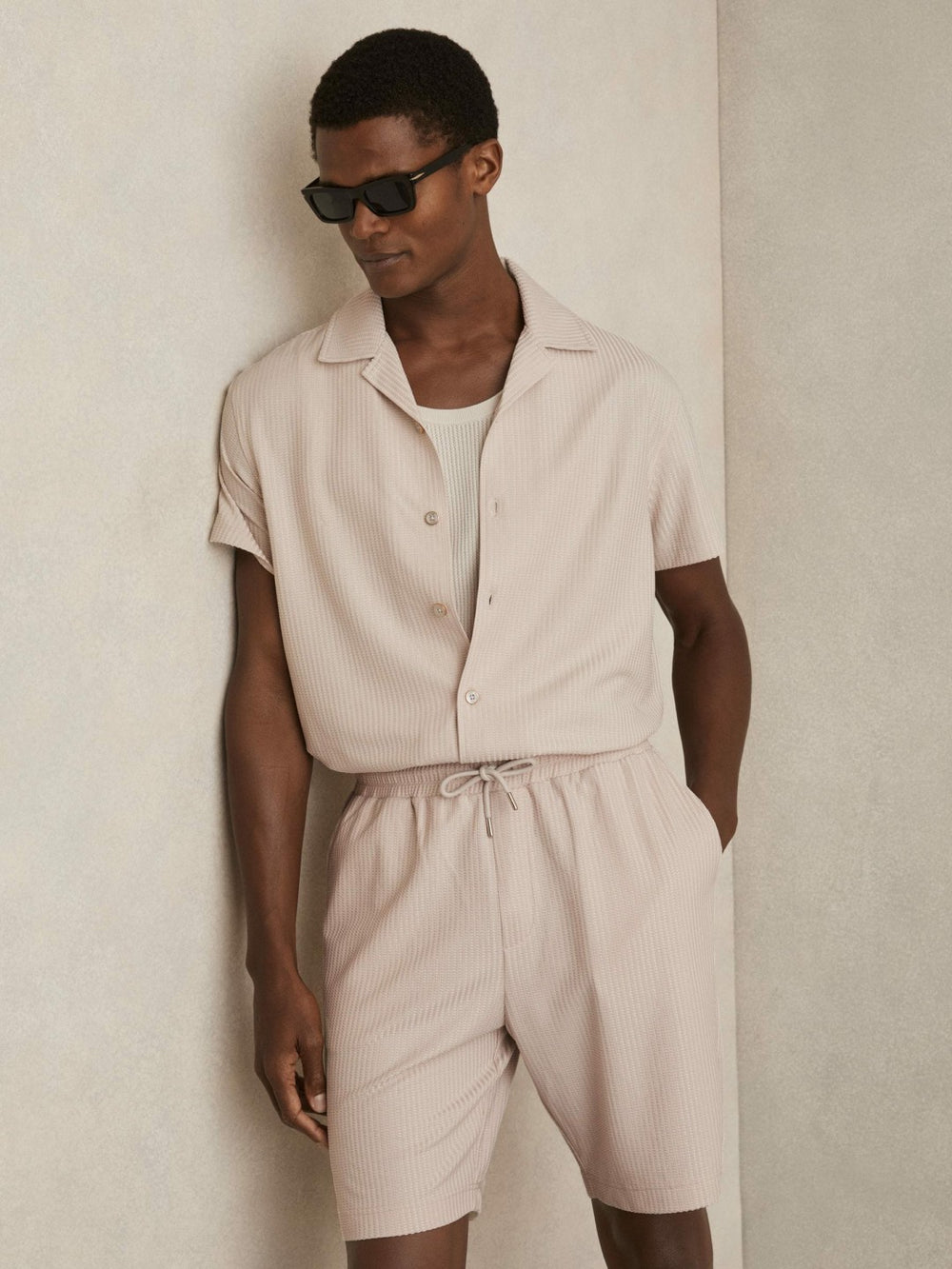 Men Textured-Knit Cuban-Collar Shirt in Champagne