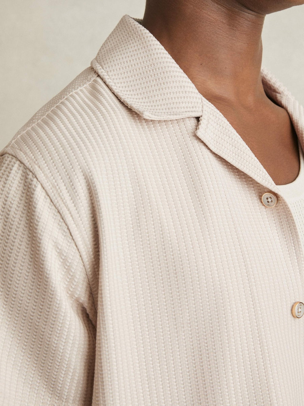 Men Textured-Knit Cuban-Collar Shirt in Champagne