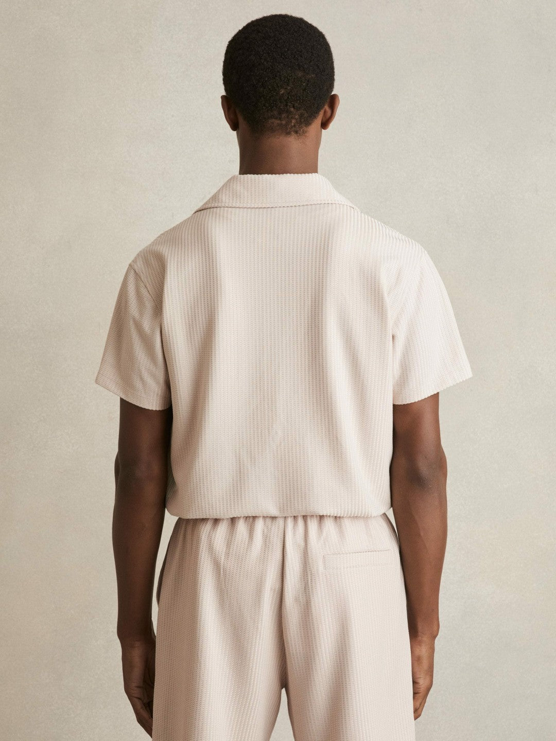 Men Textured-Knit Cuban-Collar Shirt in Champagne