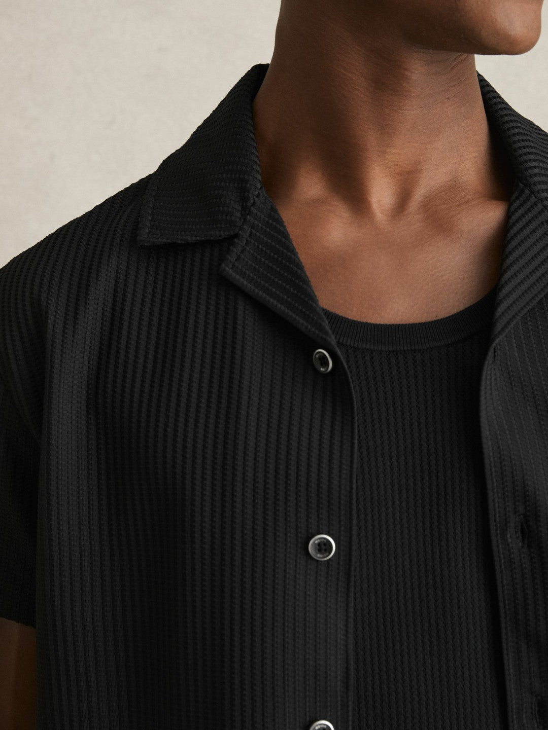 Men Textured-Knit Cuban-Collar Shirt in Black