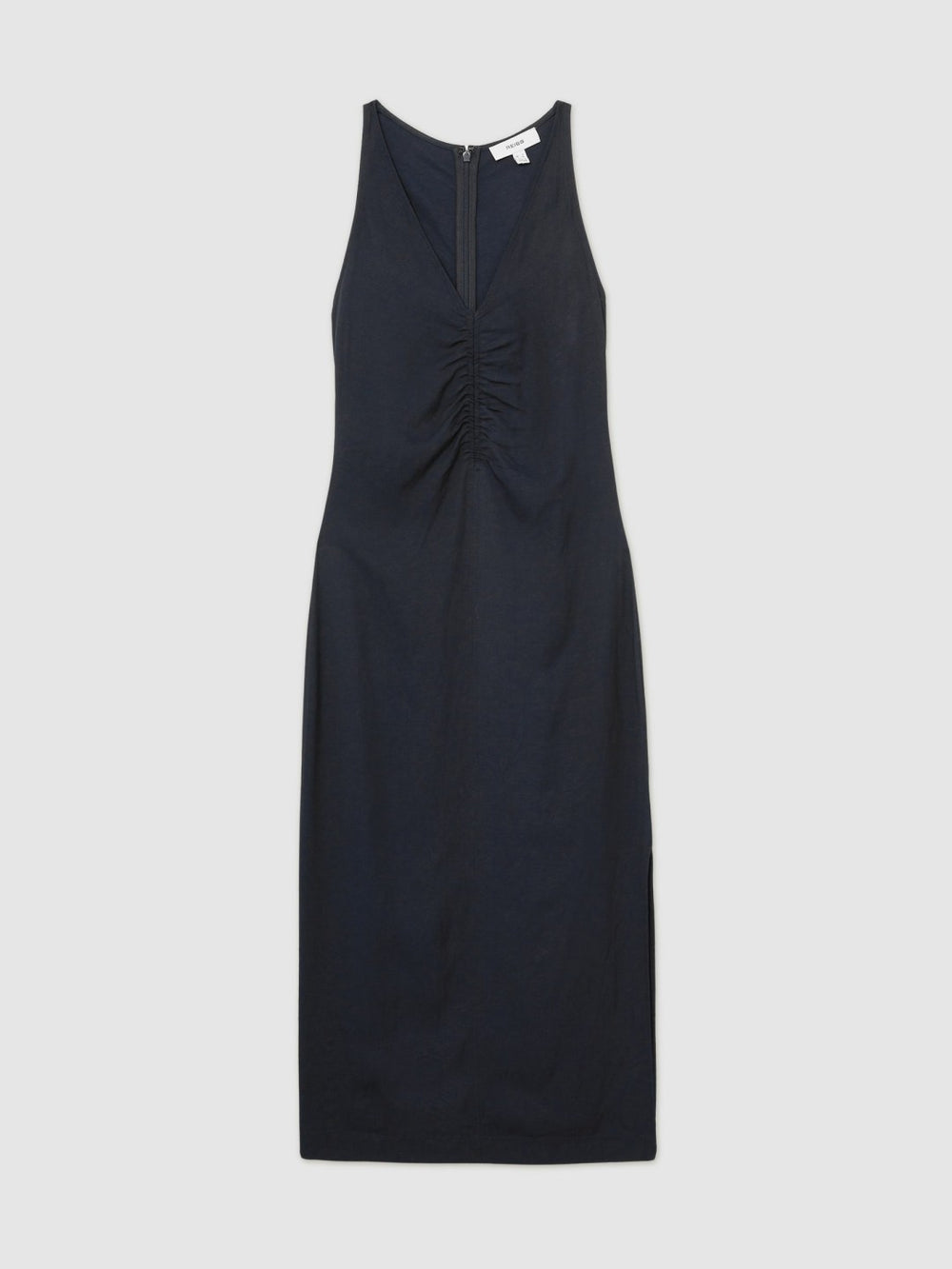 Women Ruched Sleeveless Midi Dress With Linen in Navy