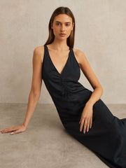 Women Ruched Sleeveless Midi Dress With Linen in Navy