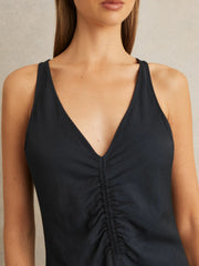 Women Ruched Sleeveless Midi Dress With Linen in Navy
