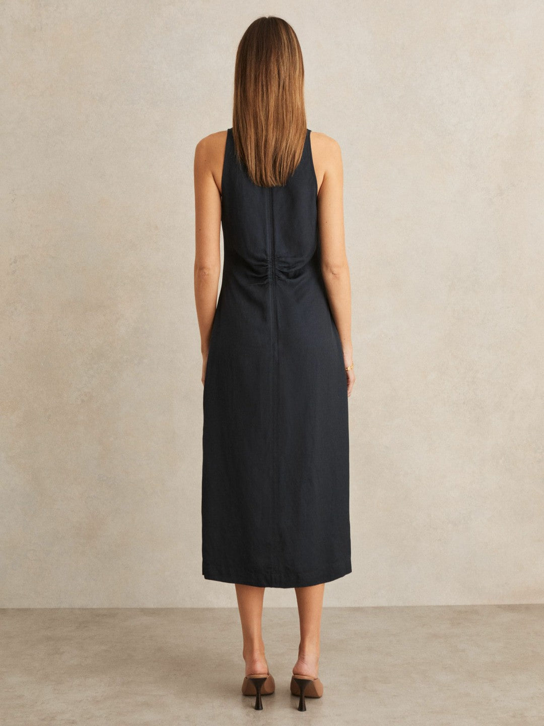 Women Ruched Sleeveless Midi Dress With Linen in Navy