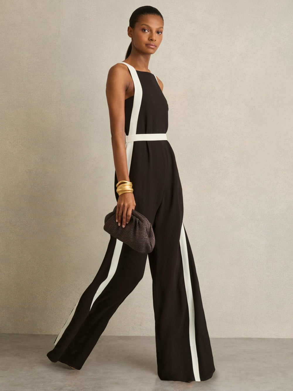 Women Colourblock Wide Leg Belted Jumpsuit in Chocolate/Cream