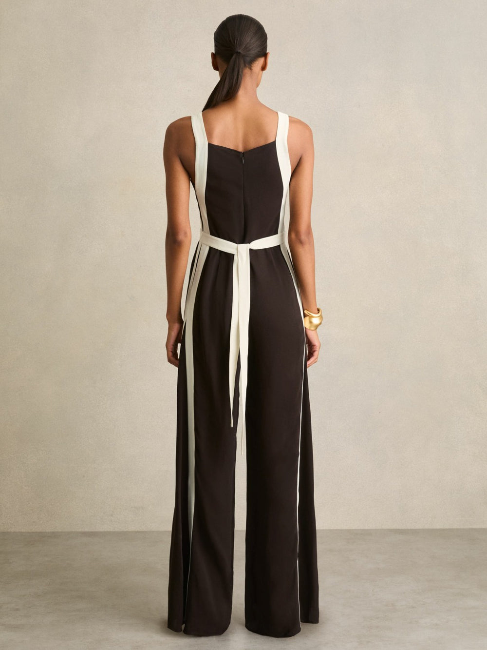 Women Colourblock Wide Leg Belted Jumpsuit in Chocolate/Cream