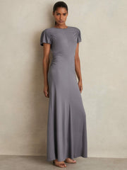 Women Modal Blend Ruched Jersey Dress in Grey