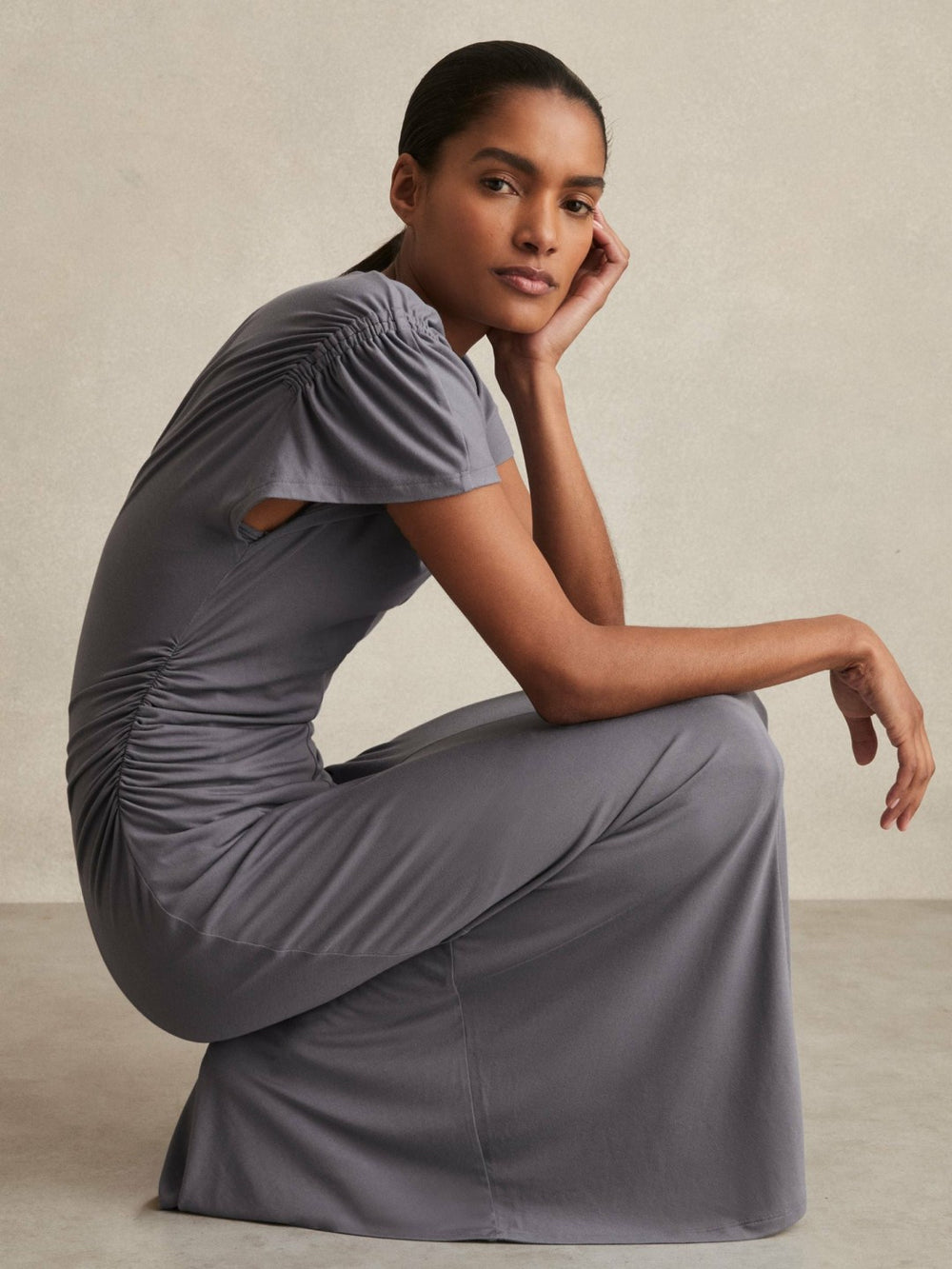 Women Modal Blend Ruched Jersey Dress in Grey