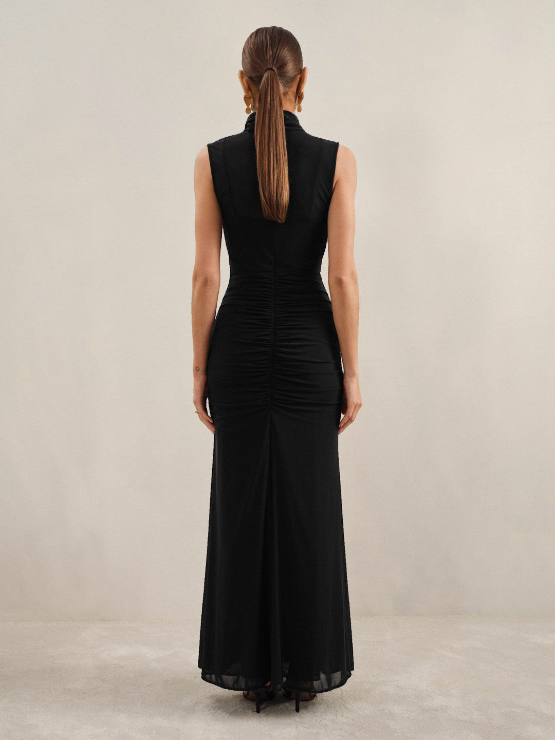 Women Sheer Ruched Maxi Dress in Black