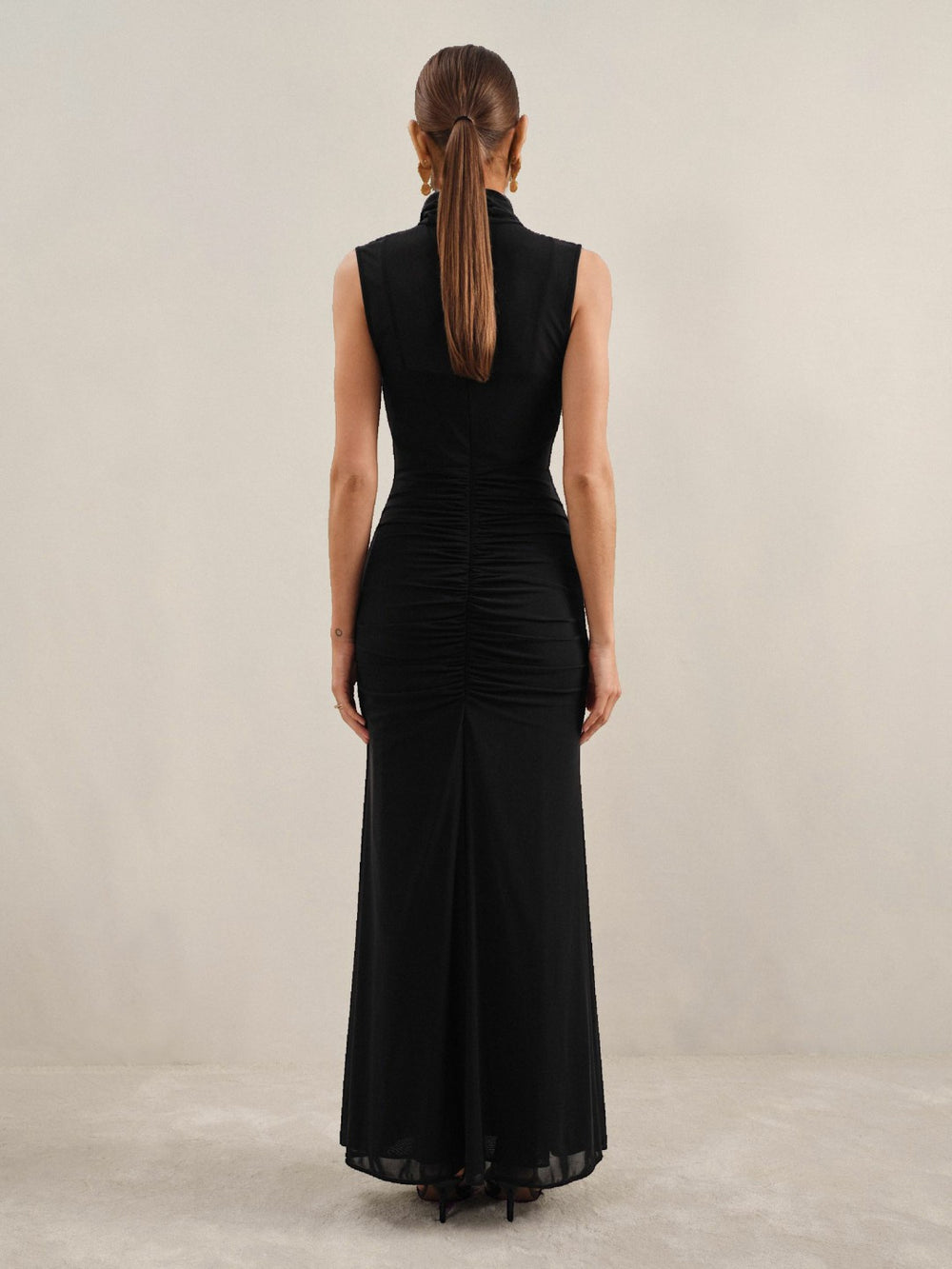 Women Sheer Ruched Maxi Dress in Black