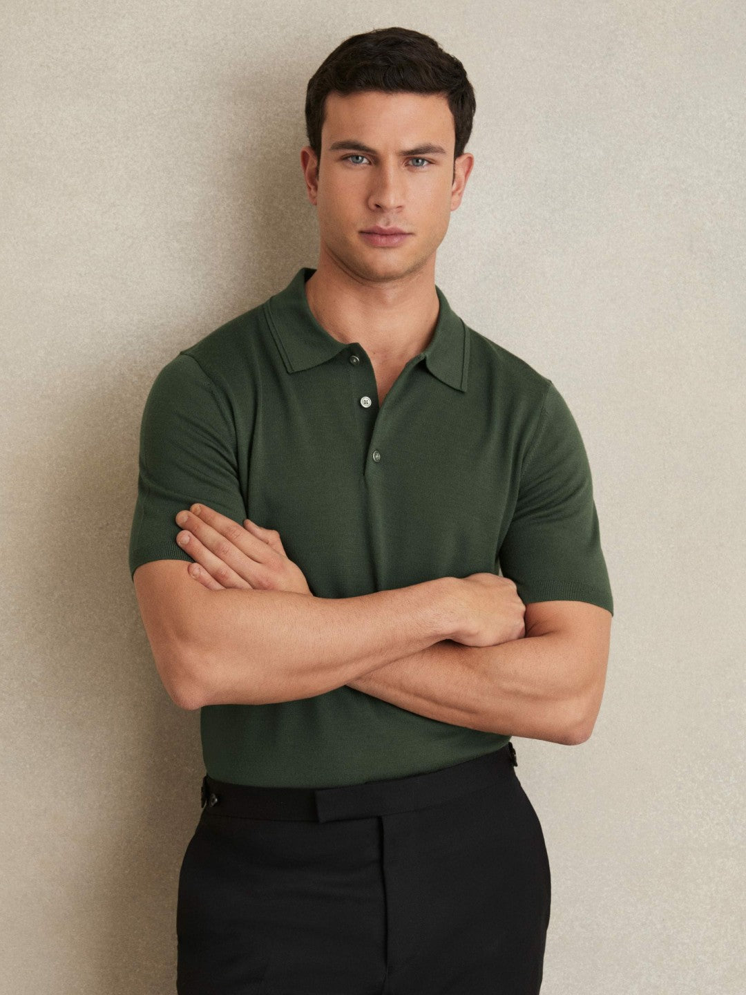 Men Merino Wool Short-Sleeve Polo Shirt in Kale Green