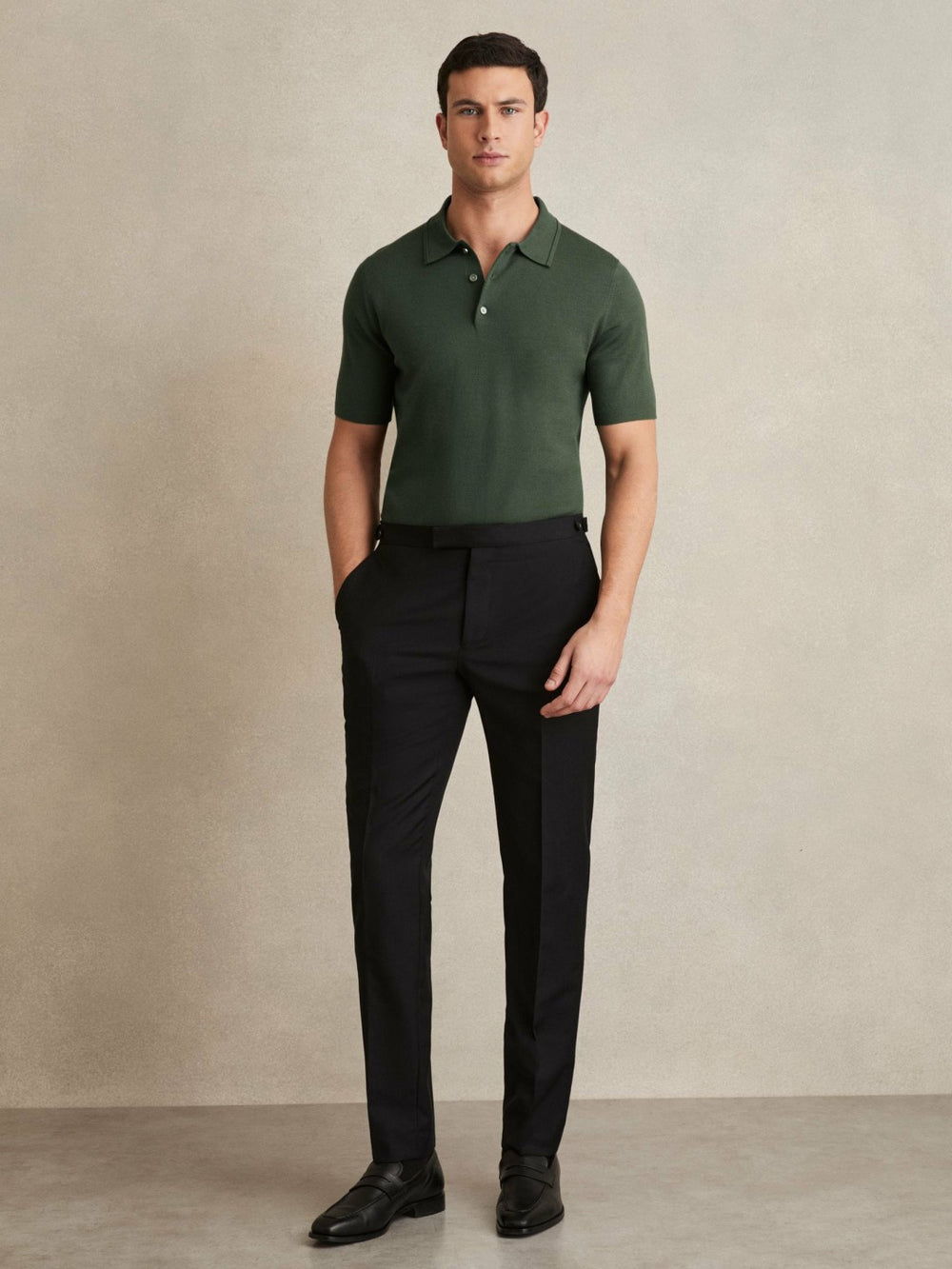 Men Merino Wool Short-Sleeve Polo Shirt in Kale Green