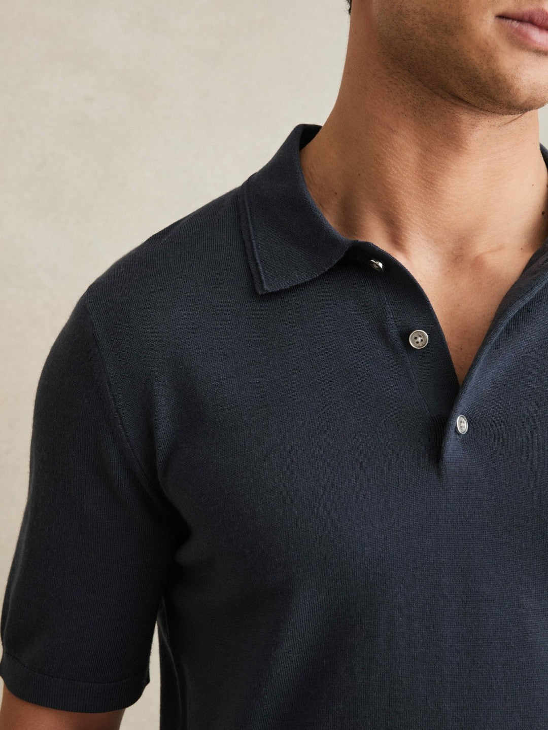 Men Merino Wool Short-Sleeve Polo Shirt in Midnight Navy