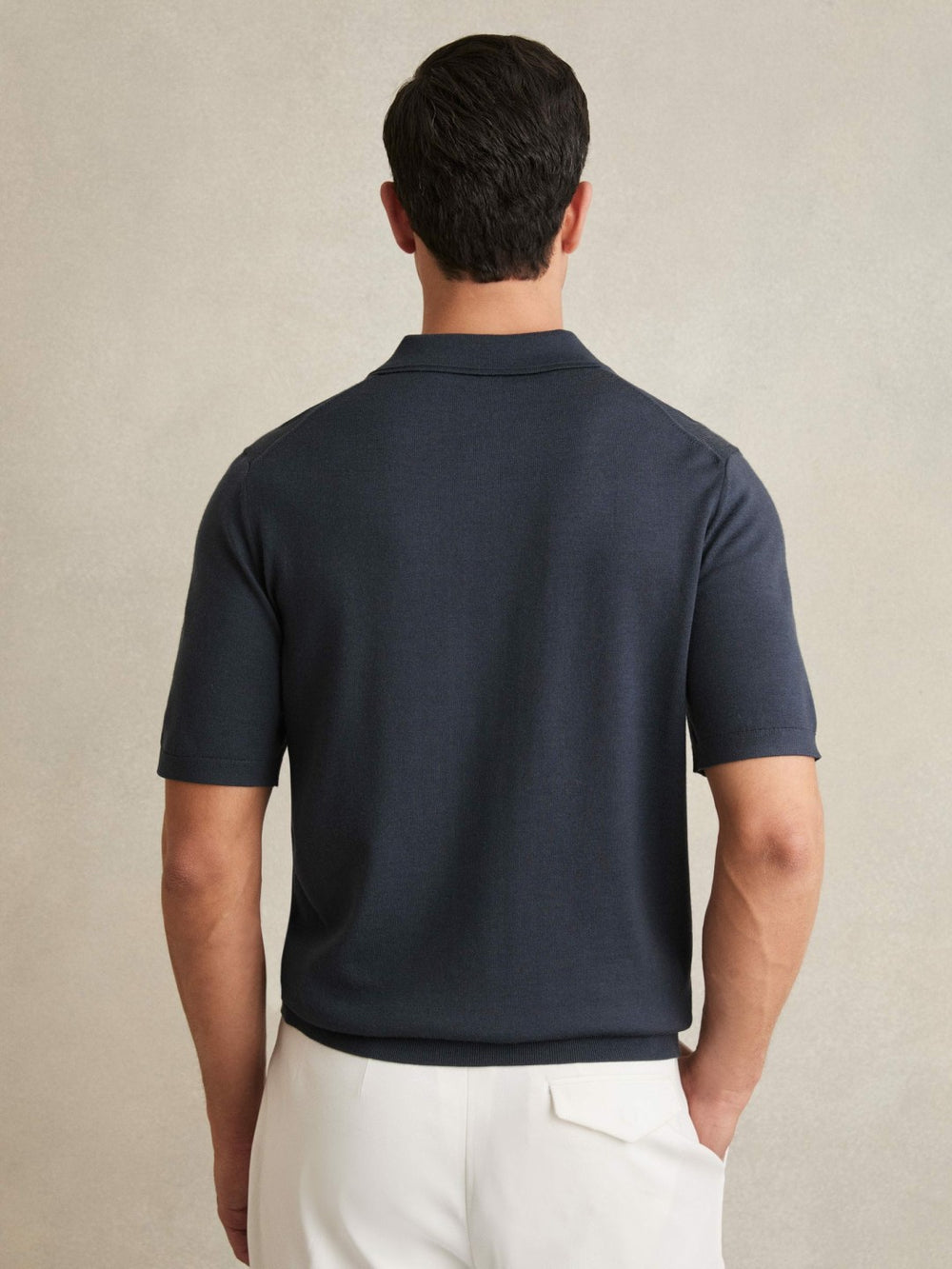 Men Merino Wool Short-Sleeve Polo Shirt in Midnight Navy