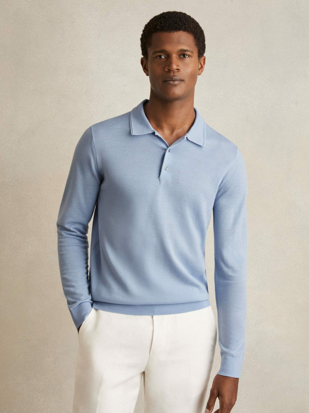 Men Merino Wool Long-Sleeve Polo Shirt in Soft Blue