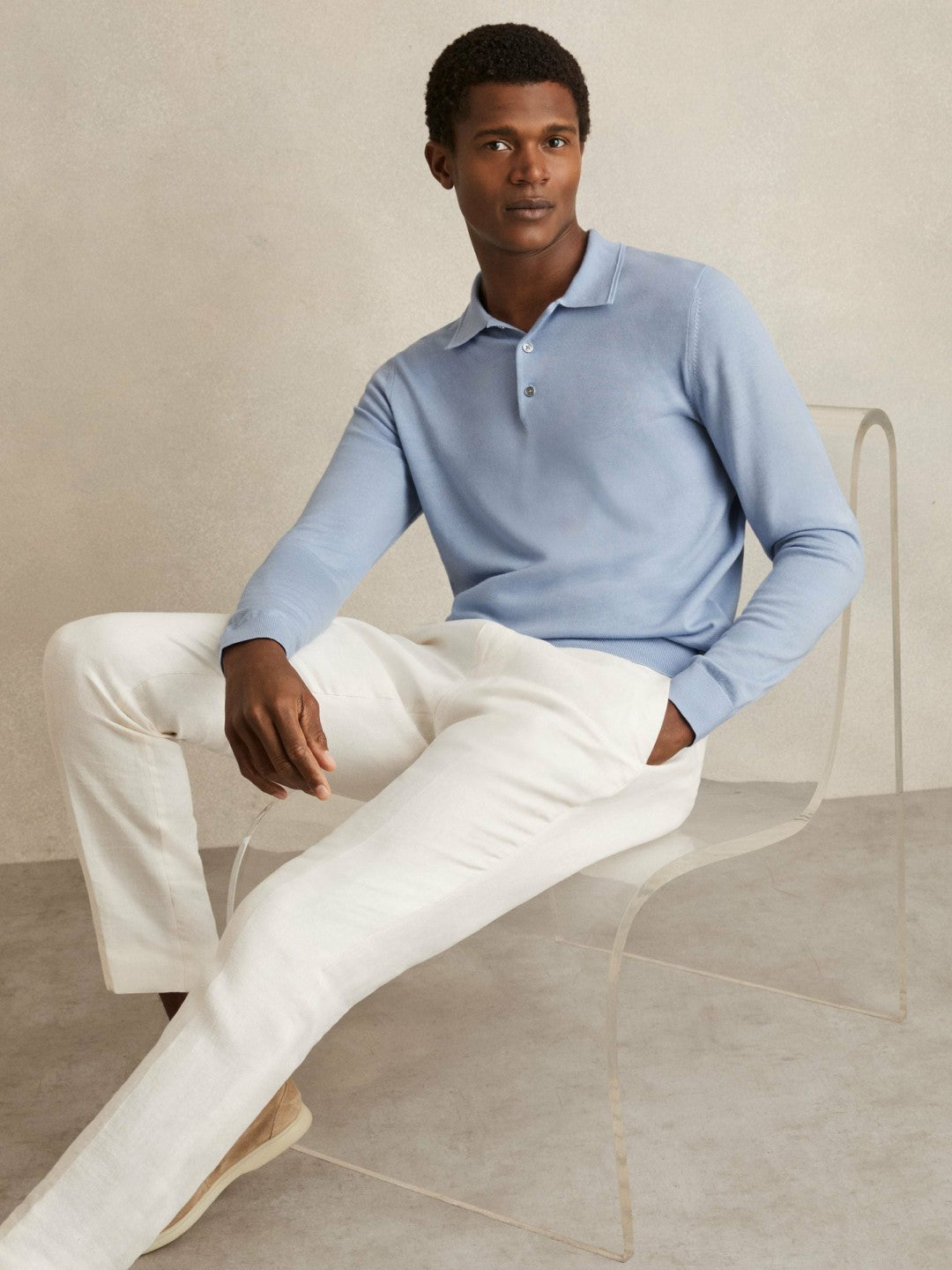 Men Merino Wool Long-Sleeve Polo Shirt in Soft Blue
