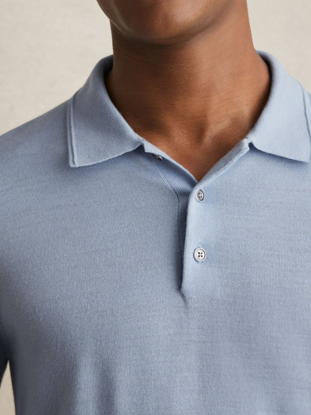 Men Merino Wool Long-Sleeve Polo Shirt in Soft Blue
