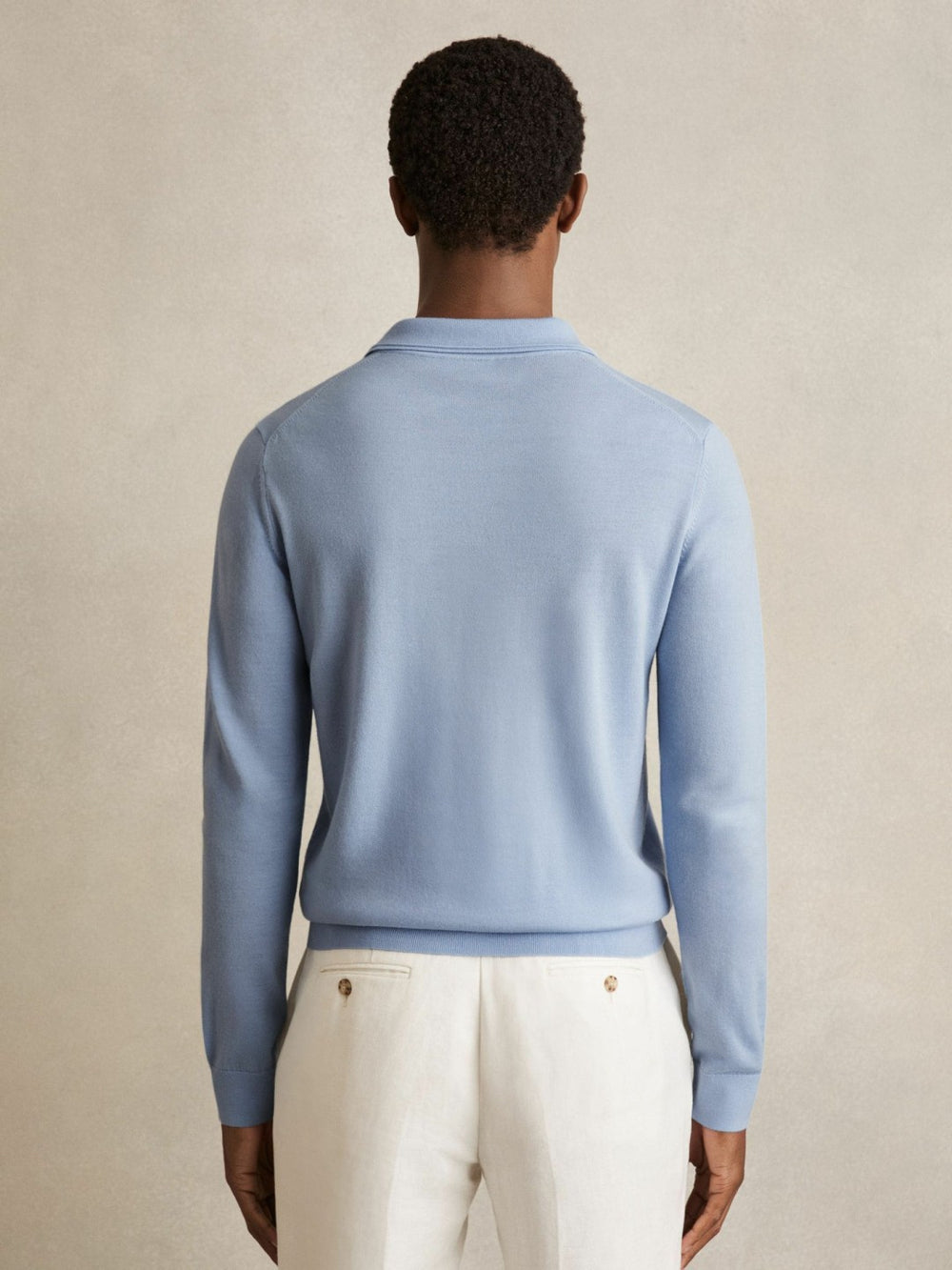 Men Merino Wool Long-Sleeve Polo Shirt in Soft Blue