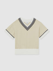 Children & Baby 4-9 yrs Cotton-Linen Knit V-Neck Cricket Top in Neutral