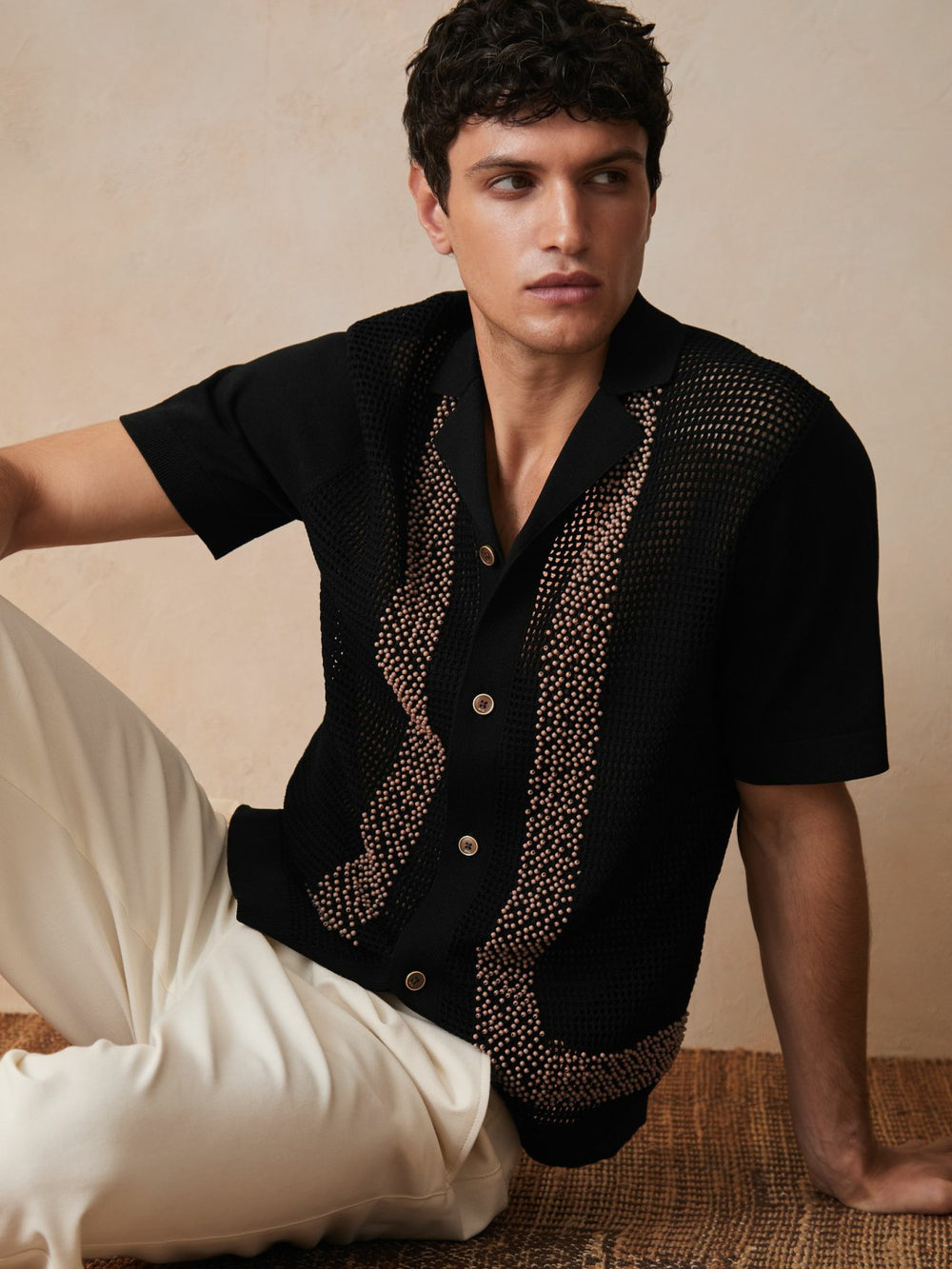 Men | Ché Beaded Crochet Shirt in Black