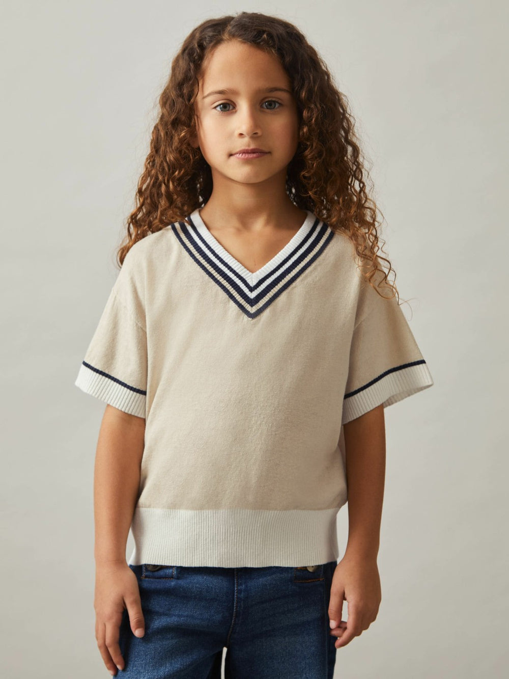 Children & Baby 9-13 yrs Cotton-Linen Knit V-Neck Cricket Top in Neutral
