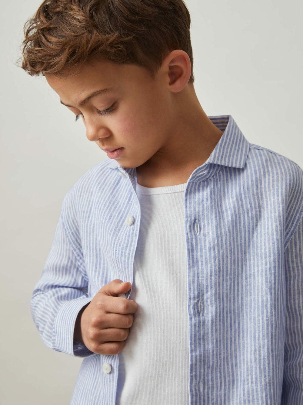 Children & Baby 13-14 yrs Linen Cutaway Collar Shirt in Blue/White Stripe