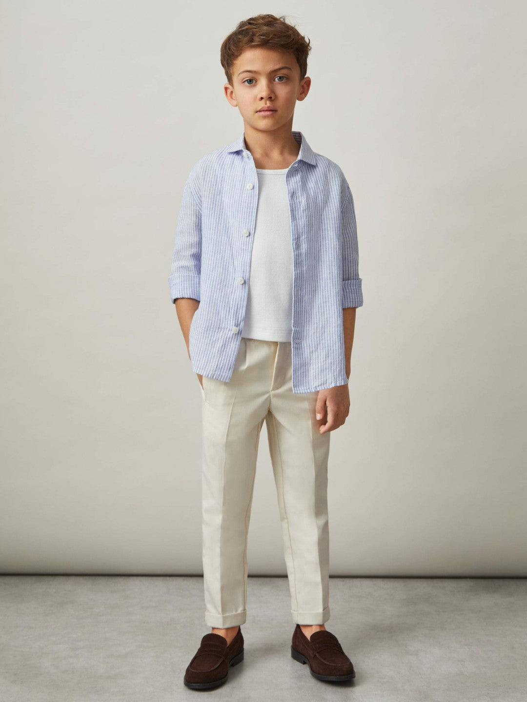 Children & Baby 13-14 yrs Linen Cutaway Collar Shirt in Blue/White Stripe