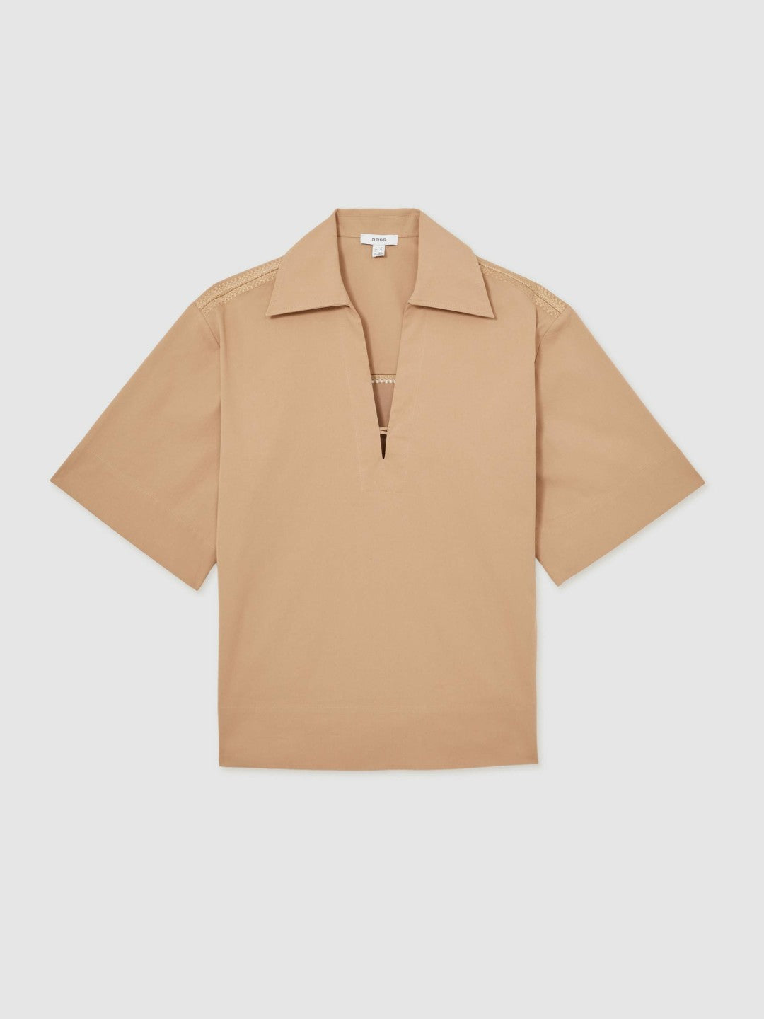 Women Cotton Blend Craft Stitch Collared Top in Camel