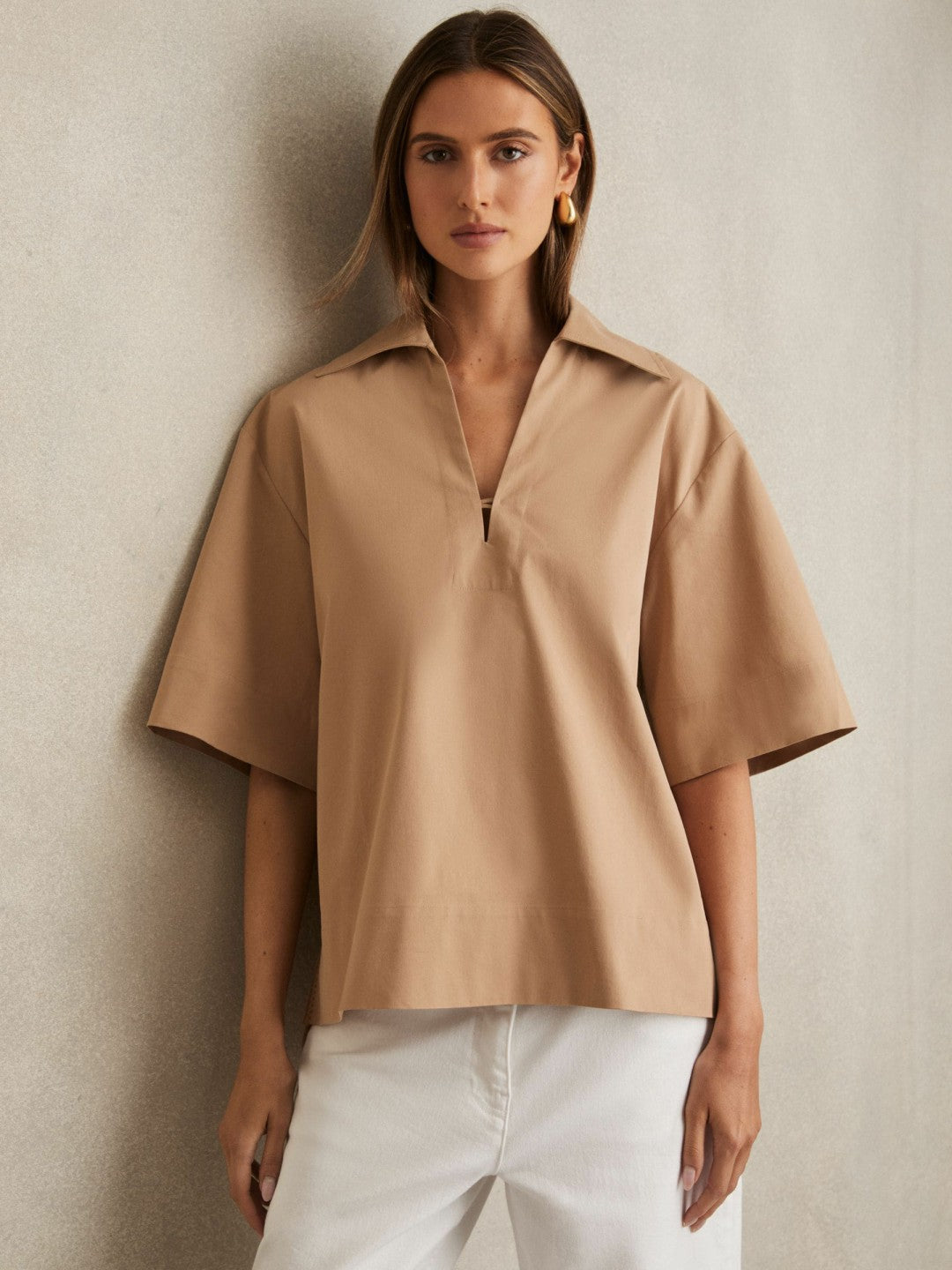Women Cotton Blend Craft Stitch Collared Top in Camel