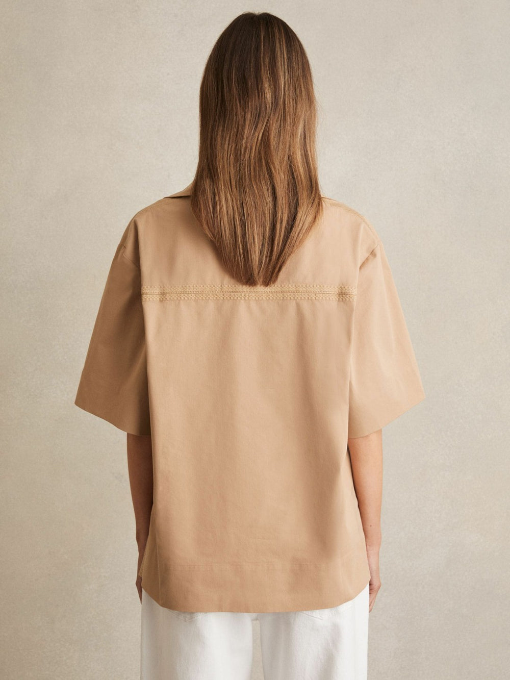 Women Cotton Blend Craft Stitch Collared Top in Camel