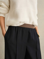 Women Petite Wide-Leg Elasticated-Waist Trousers in Navy