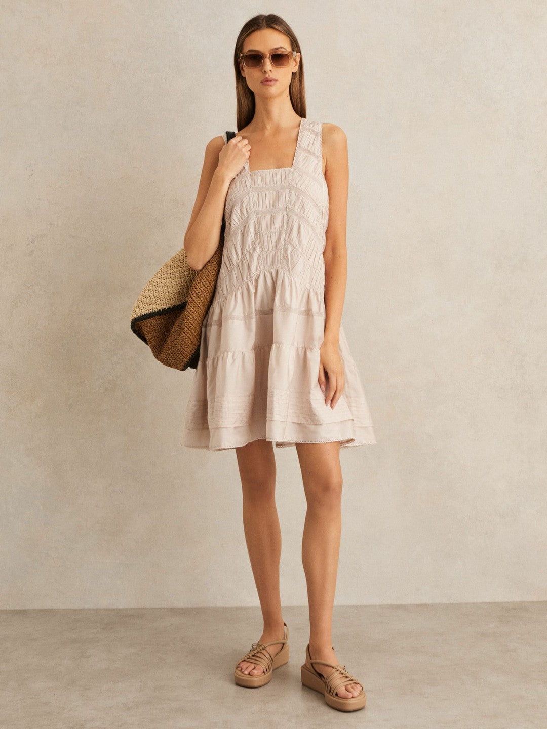 Women Shirred Ruffle Hem Mini Dress in Neutral
