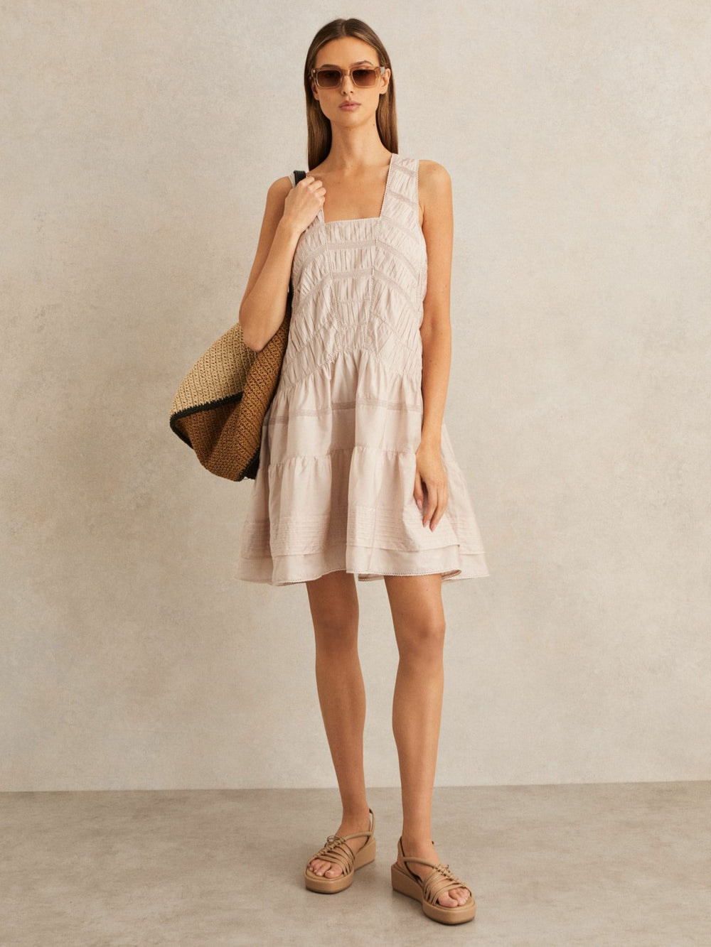 Women Shirred Ruffle Hem Mini Dress in Neutral