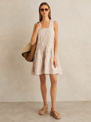 Women Shirred Ruffle Hem Mini Dress in Neutral