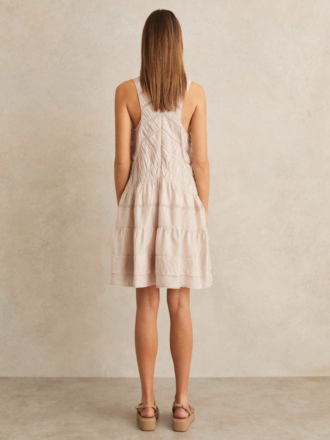 Women Shirred Ruffle Hem Mini Dress in Neutral