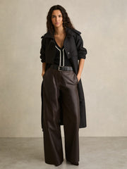 Women Petite Leather Wide Leg Trousers in Chocolate