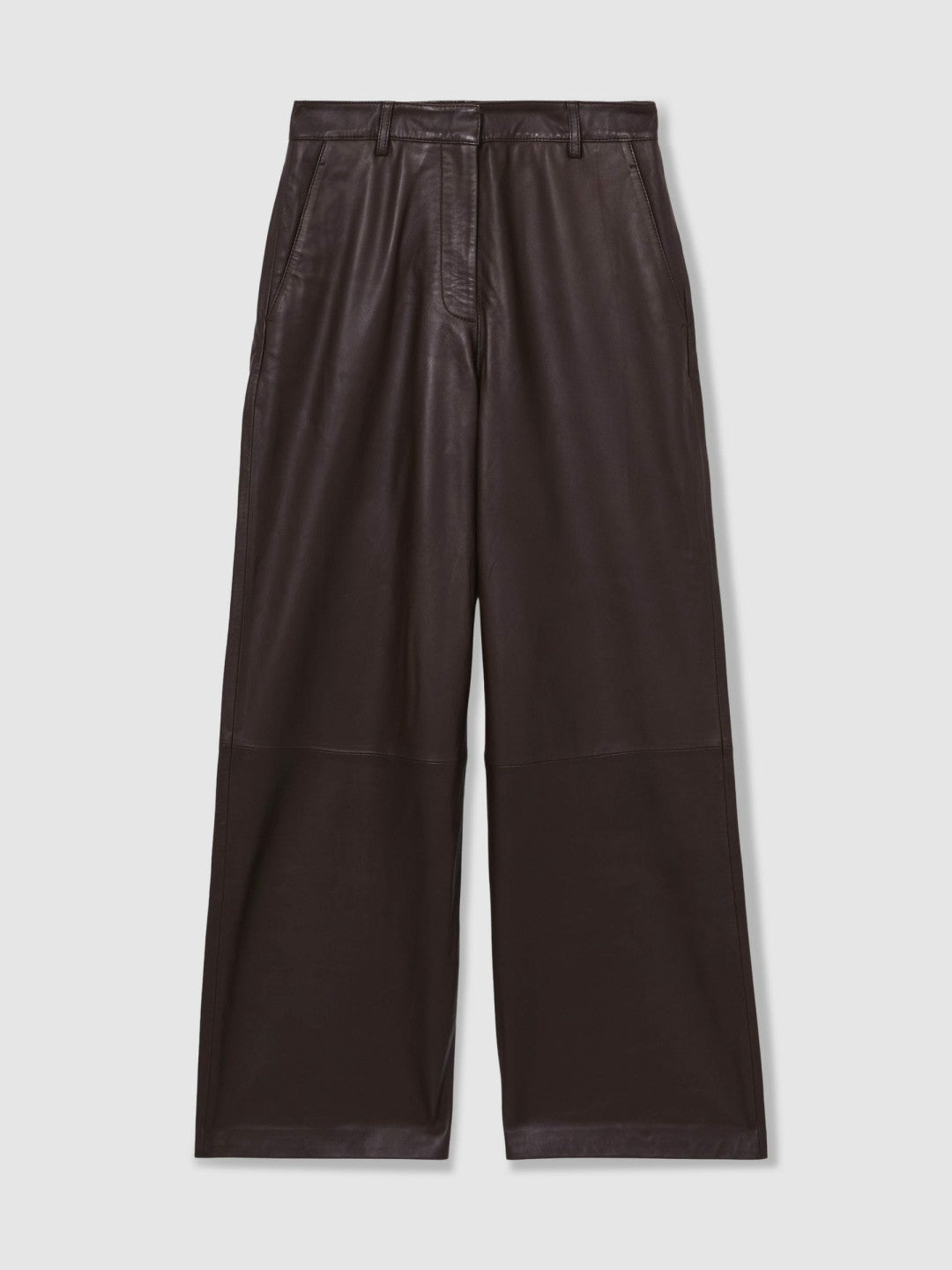 Women Petite Leather Wide Leg Trousers in Chocolate