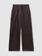 Women Petite Leather Wide Leg Trousers in Chocolate