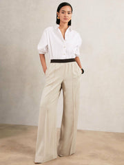 Women Petite Wide-Leg Elasticated-Waist Trousers in Neutral