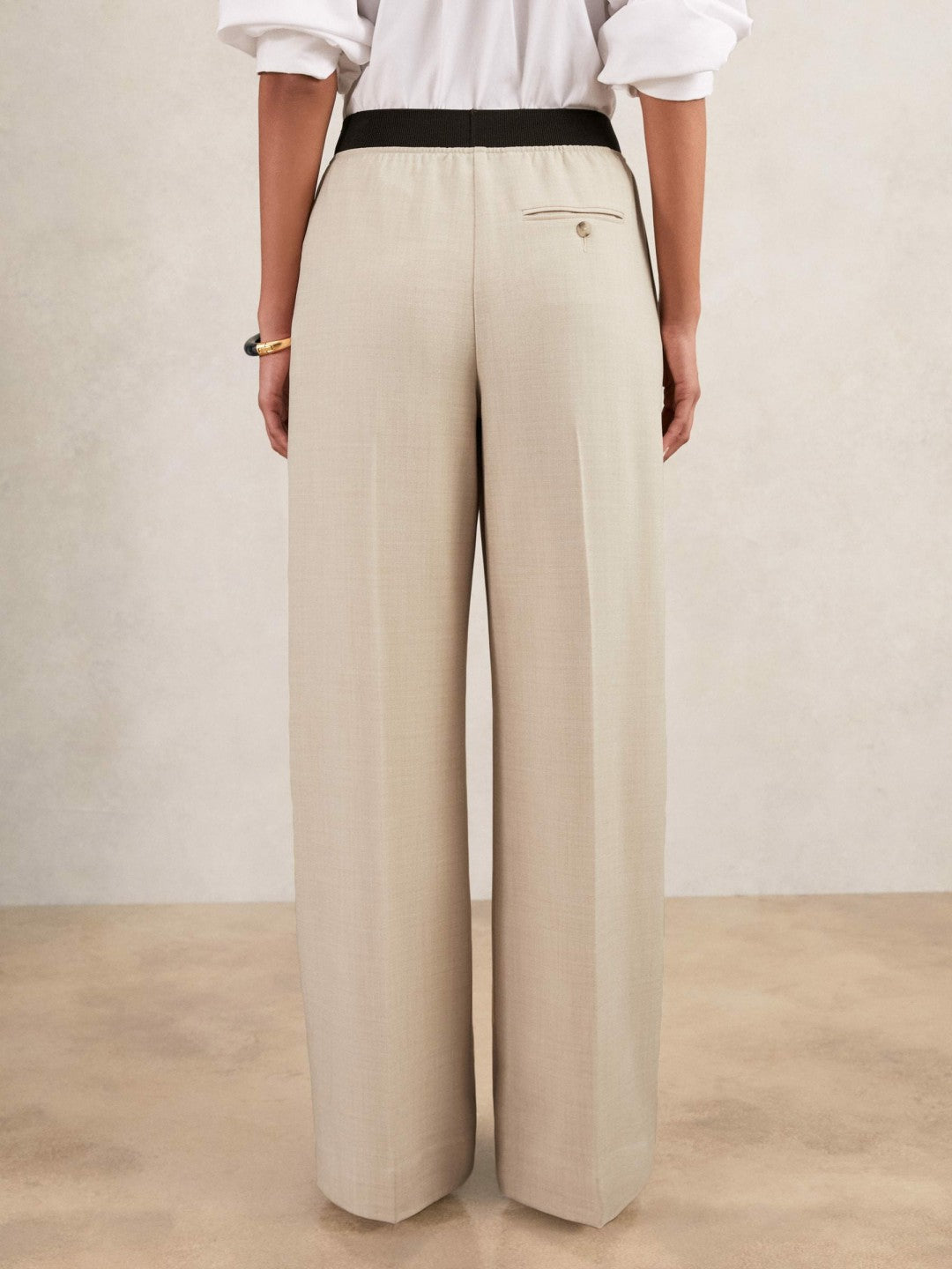 Women Petite Wide-Leg Elasticated-Waist Trousers in Neutral