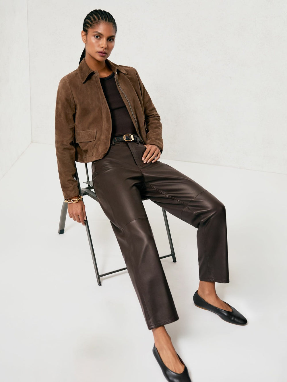 Women Petite Leather Slim-Leg Trousers in Chocolate