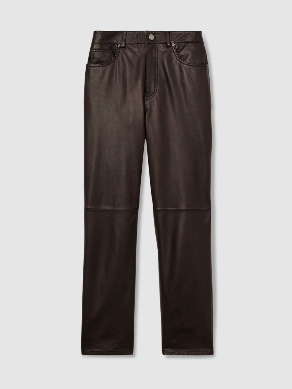 Women Petite Leather Slim-Leg Trousers in Chocolate