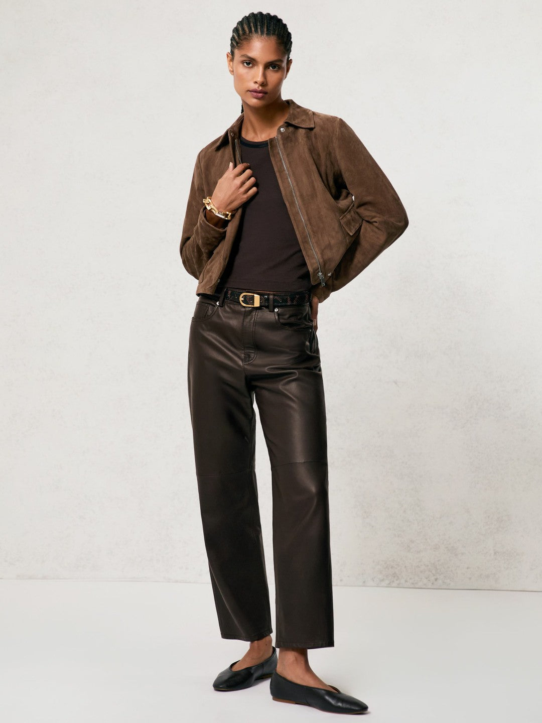 Women Petite Leather Slim-Leg Trousers in Chocolate