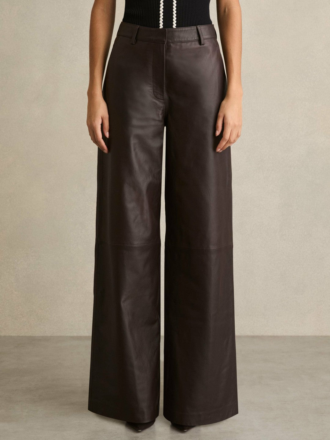 Women Leather Wide Leg Trousers in Chocolate