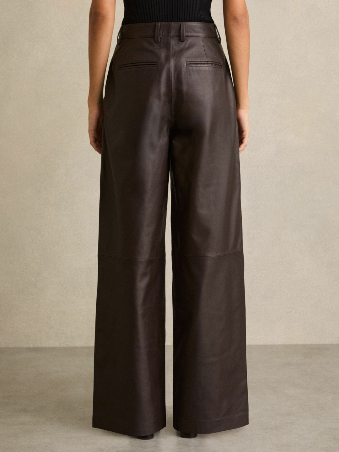 Women Leather Wide Leg Trousers in Chocolate