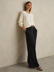 Women Wide-Leg Elasticated-Waist Trousers in Navy