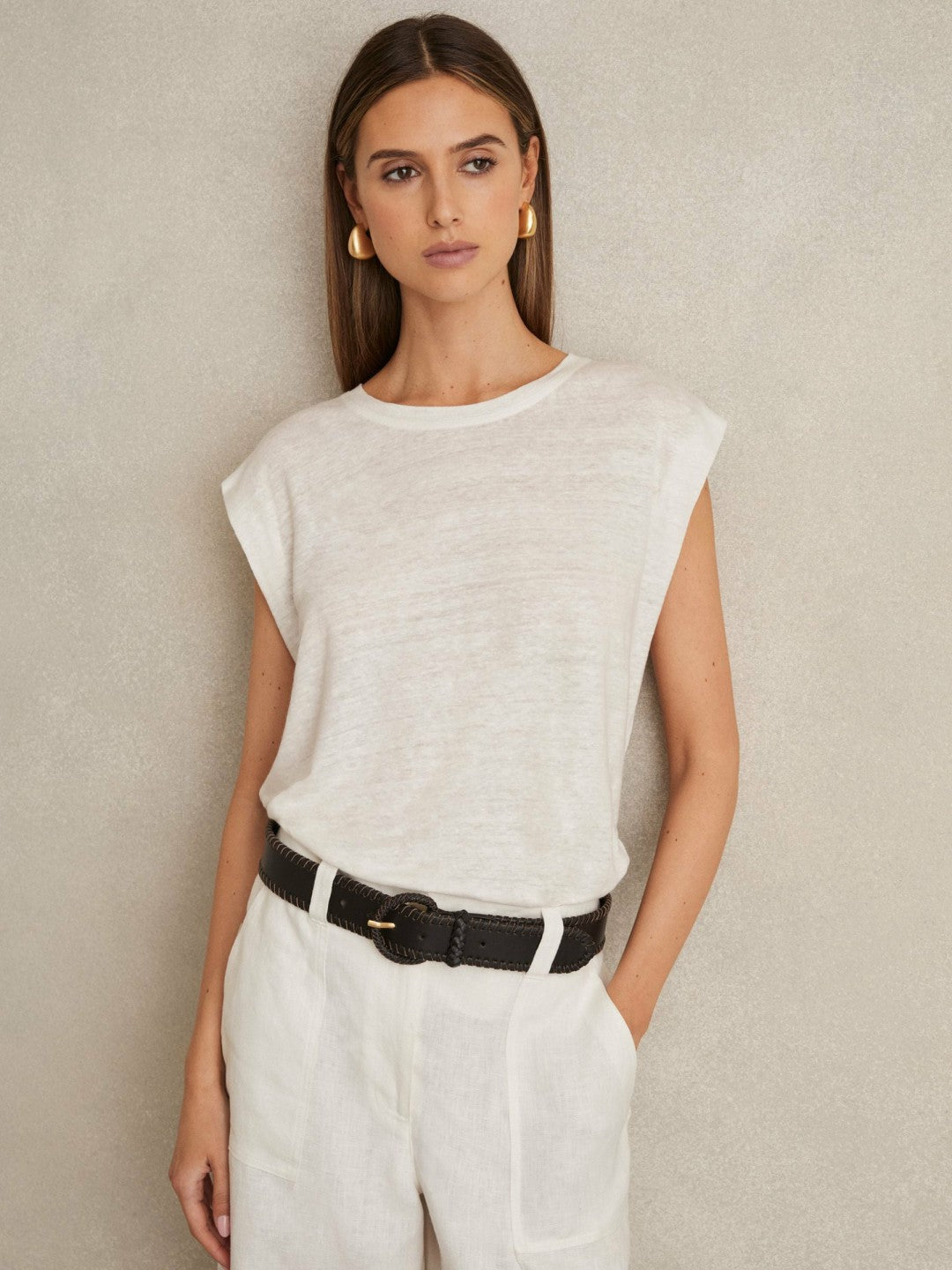 Women Linen Cap-Sleeve T-Shirt in White